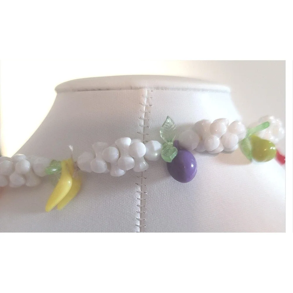 Vintage Fruit Salad Plastic Popcorn Beaded Necklace Apples Cherries Bananas Plum